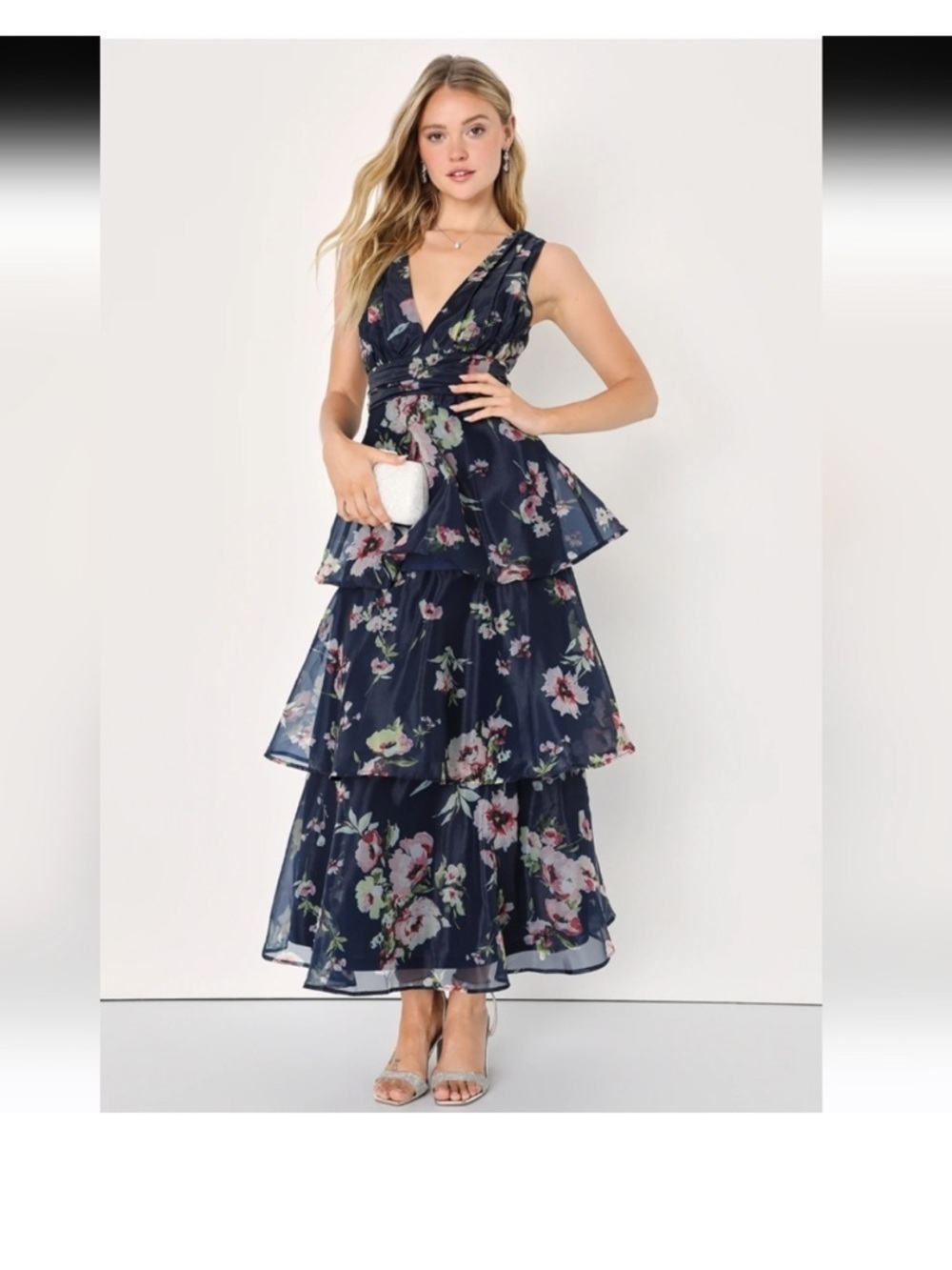 Lulu's Molinetto Navy Floral Empire Tiered V-Neck Maxi Dress